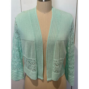 Women's NY Collection lace knit open front Cardigan Size L mint Green 3/4 sleeve